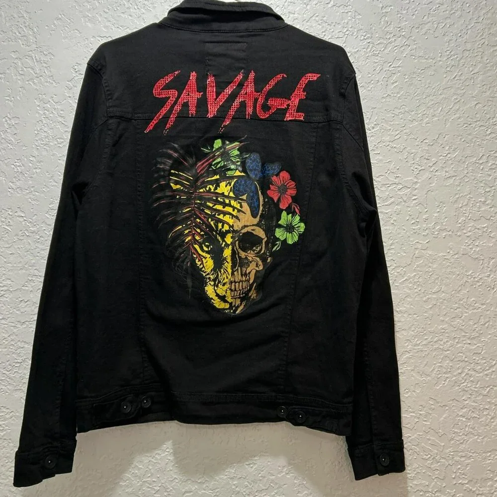 Black Pike Jacket Size Large with Savage Skull Graphic – Button Front - Picture 2 of 8